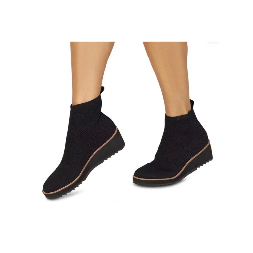 Eileen Fisher Black Stretch Knit Wedge Ankle Boots 9.5 London Recycled Booties